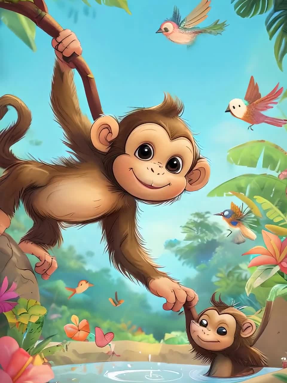 Playful Monkeys in a Vibrant Jungle Scene - Colorful Digital Art